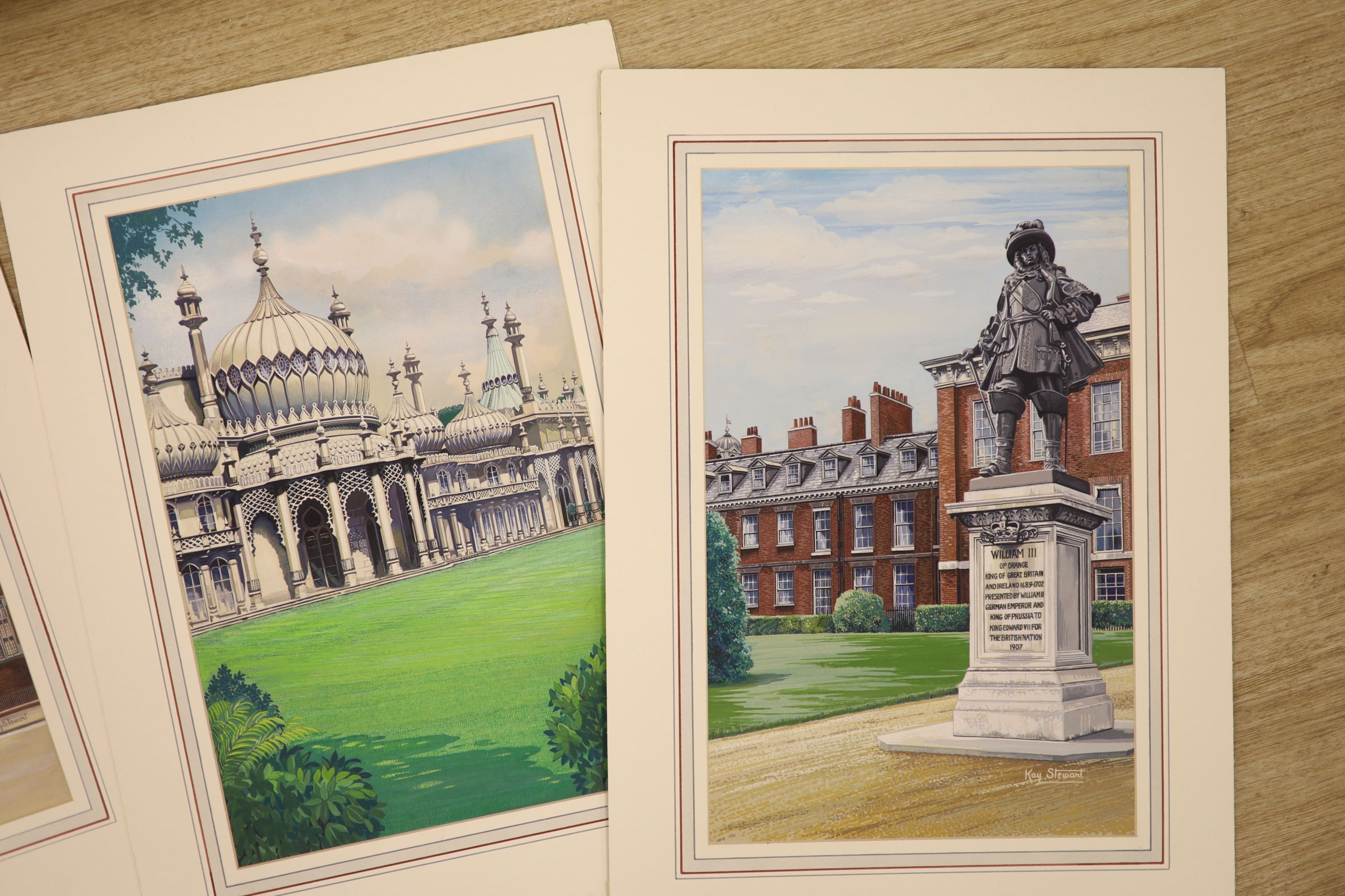 Kay Stewart (poster artist), eight assorted watercolours with gouache, Stiudies of Royal Palaces, including Glamis Castle, Balmoral, Royal Pavilion Brighton, Marlborough House, Hatfield House, Hampton Court (2), Statue o